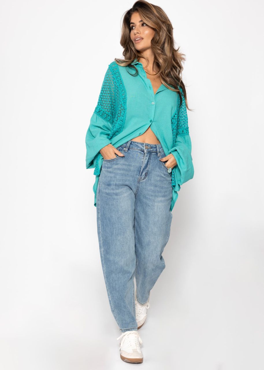 Linen blouse with lace - turquoise