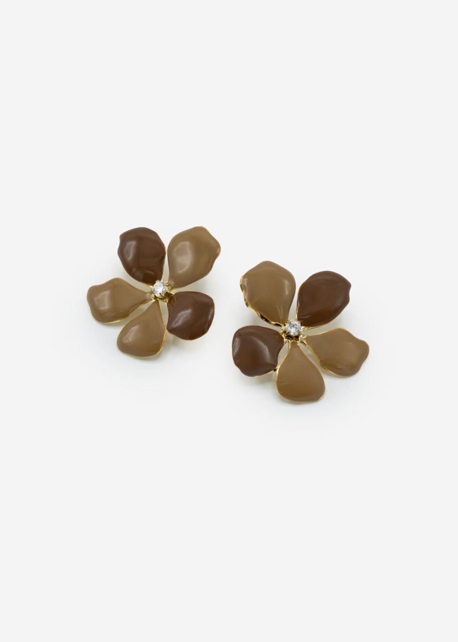 Flower stud earrings nude with glittering stone - gold