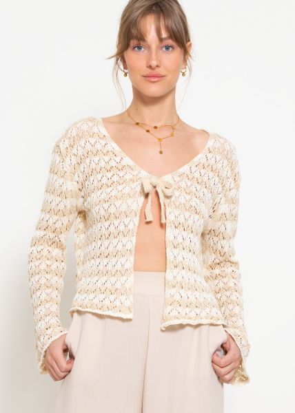Crop cardigan in ajour knit with tie ribbons - beige-offwhite