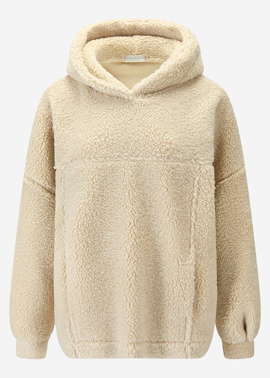 Oversized teddy sweatshirt with hood - light beige