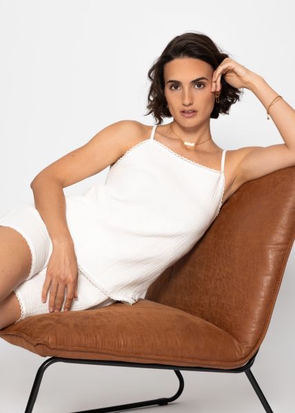 Muslin pyjama top with lace trim - white
