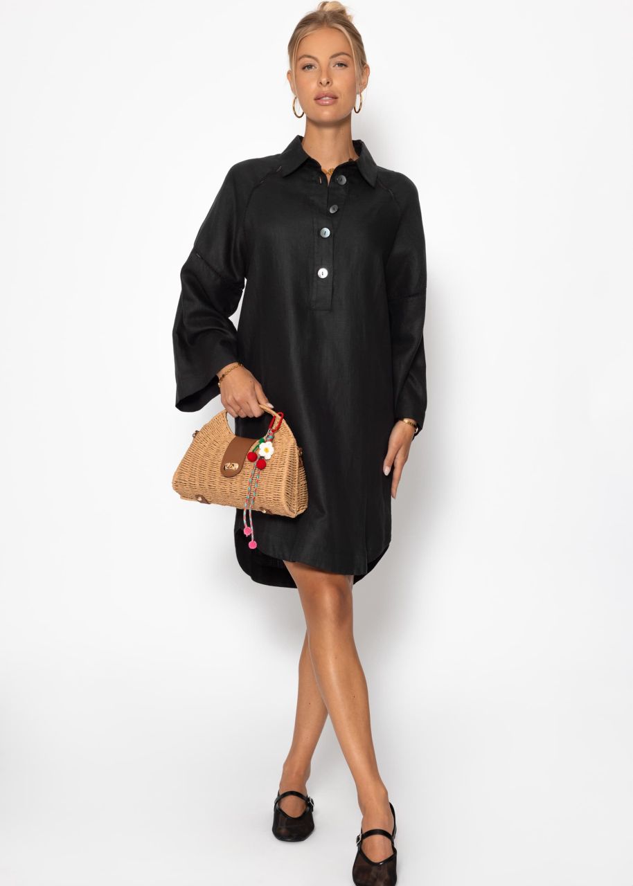 Linen dress with button placket - black