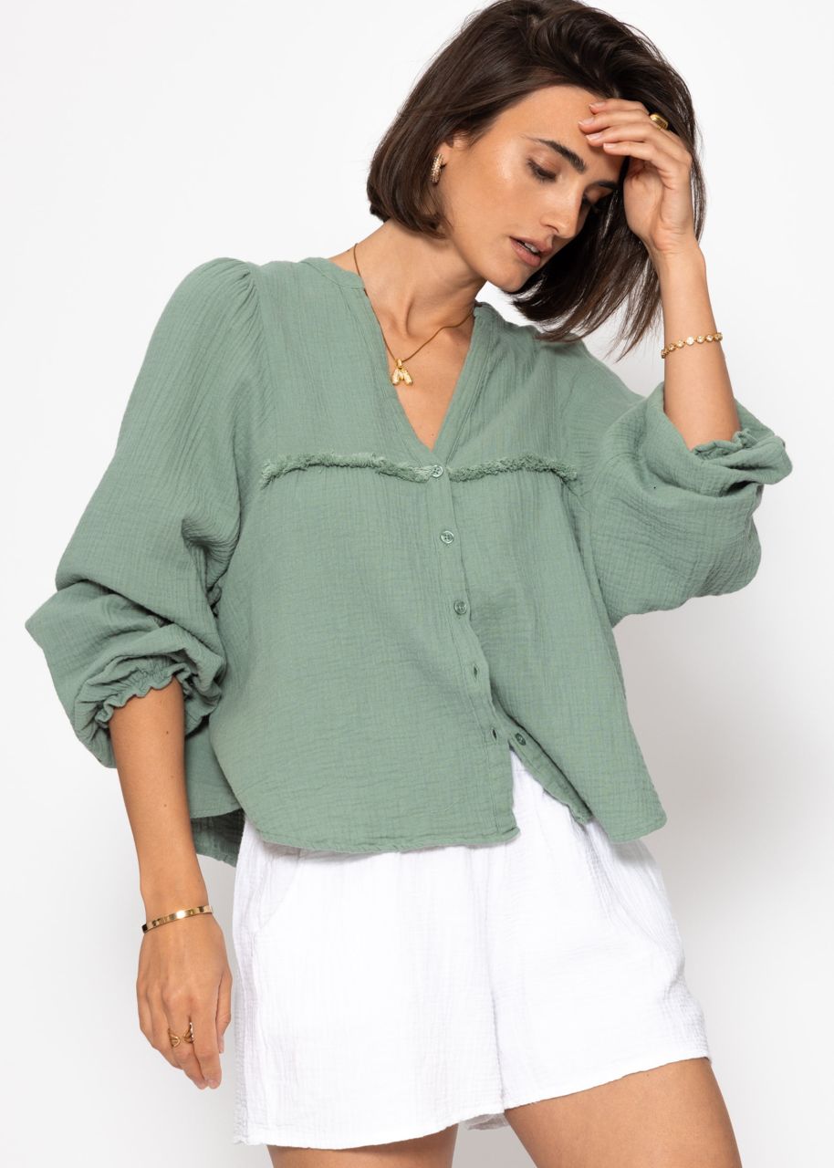 Muslin blouse with V-neck and fringes - sage green