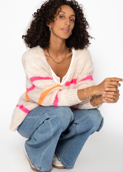 Oversize cardigan with pink and orange stripes, offwhite