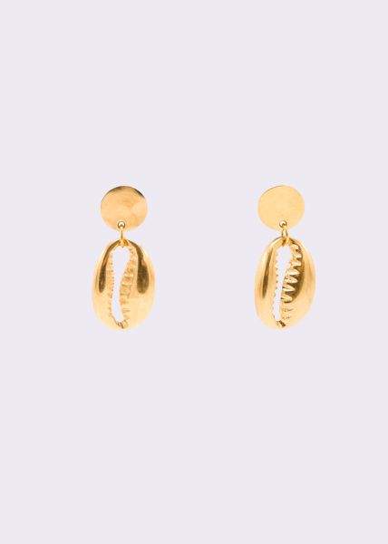 Stud earrings with hanging shell, gold