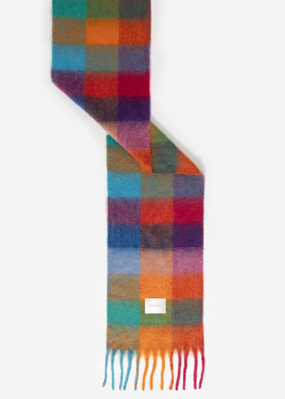 Checked fluffy scarf - orange-pink-blue