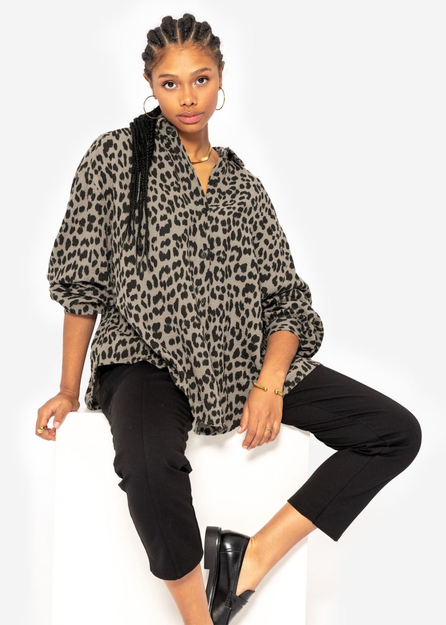 Oversize muslin blouse with leo print - taupe