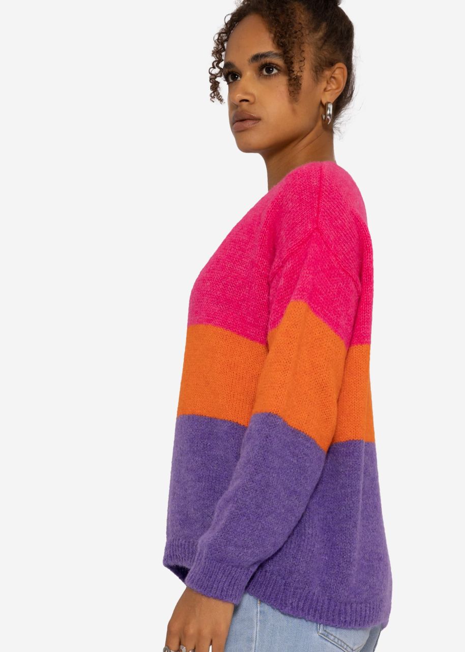 Stripe sweater with V-neck, pink/orange/purple