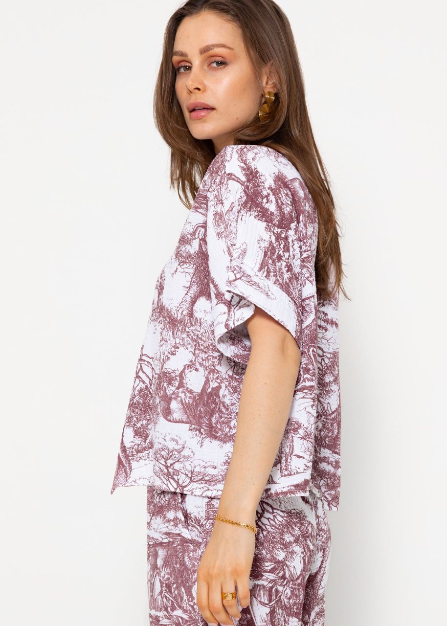 Muslin blouse with print - wine red