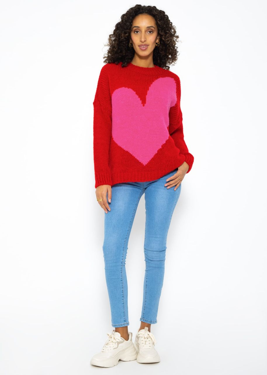 Oversized jumper with heart motif - red-pink