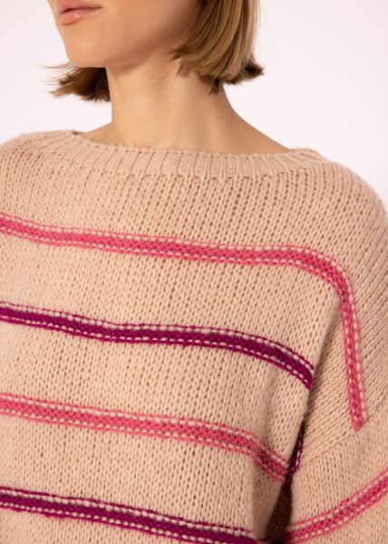 Knitted jumper with coloured stripes - nude-mauve-purple