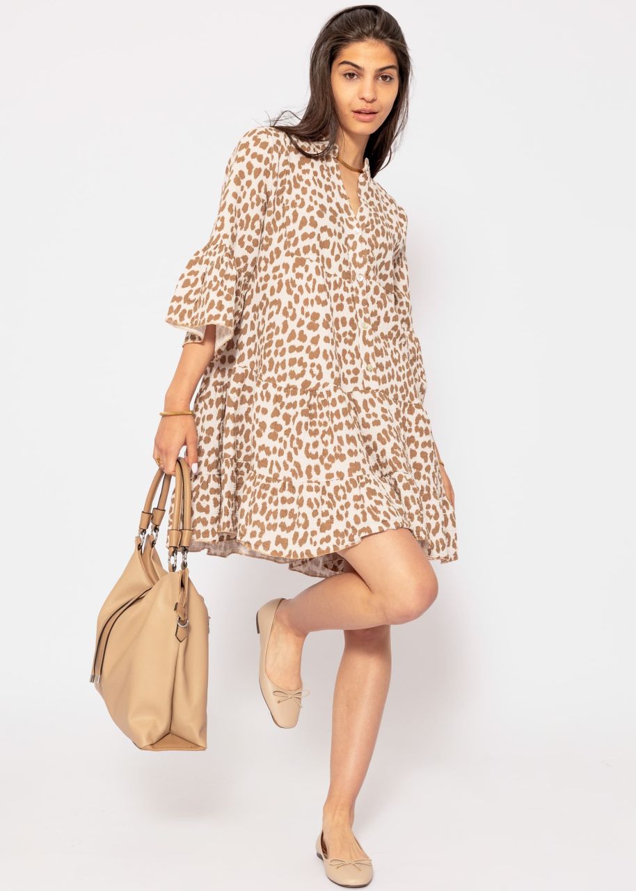 Muslin dress with leo print - offwhite-camel