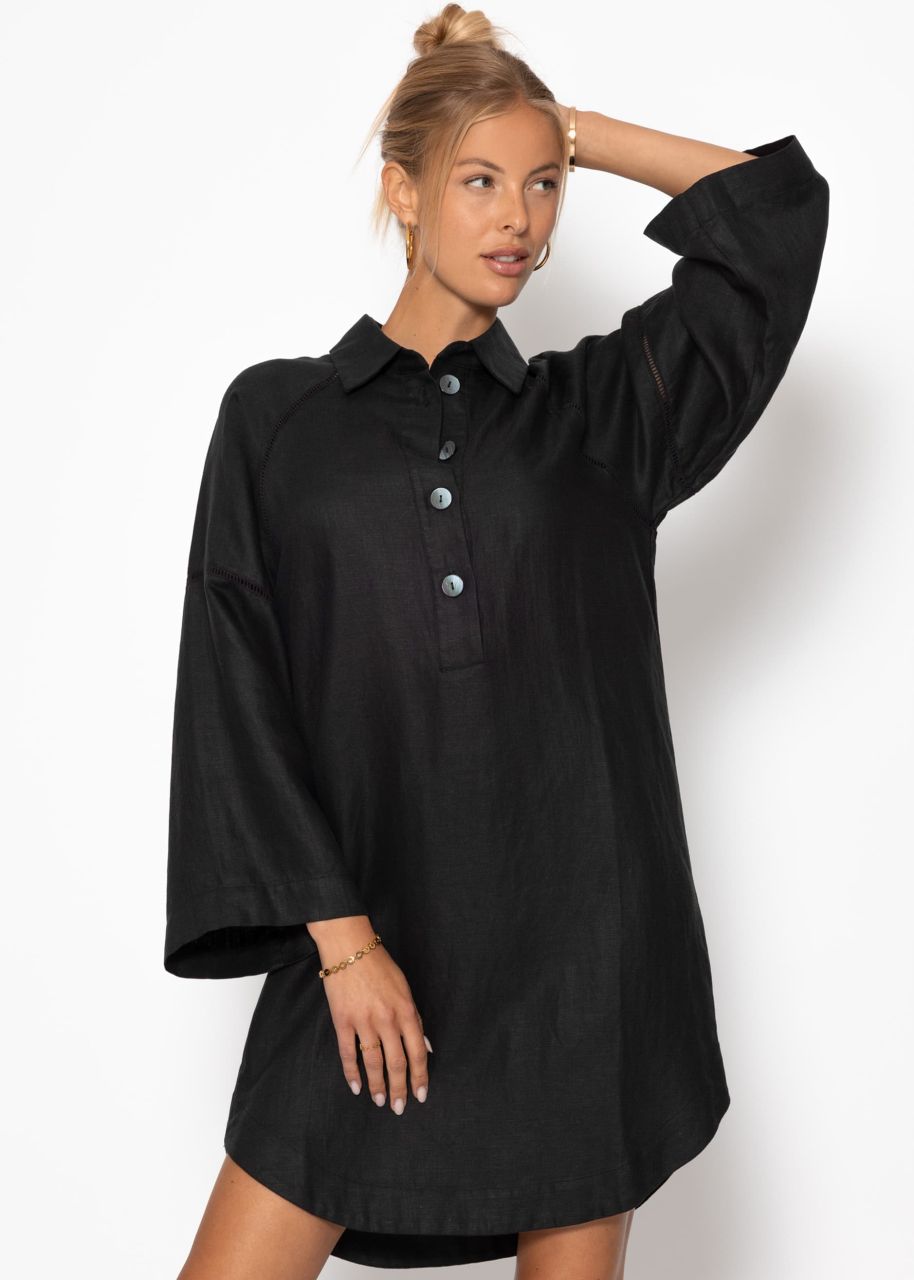 Linen dress with button placket - black
