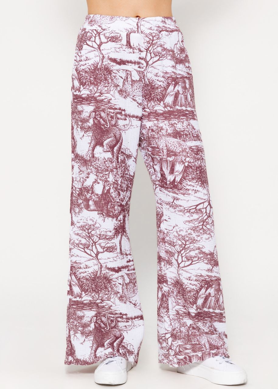 Muslin pants with wide leg and print - wine red