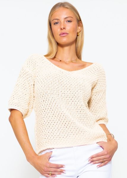 Cotton jumper with V-neck - beige