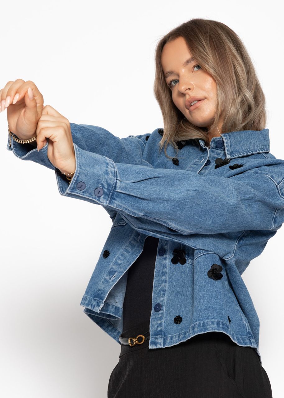 Denim jacket with floral appliqués - blue