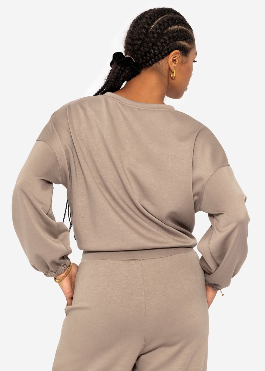 Soft crop sweatshirt with balloon sleeves - taupe