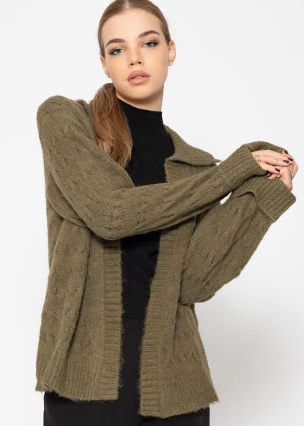 Fluffy cable-knit cardigan with collar - olive green