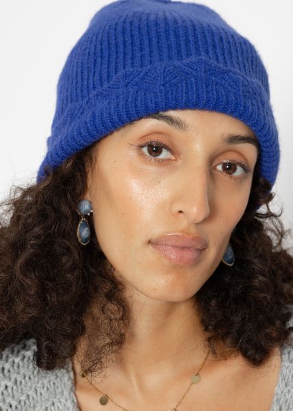 Hat with ajour knit trim - royal blue