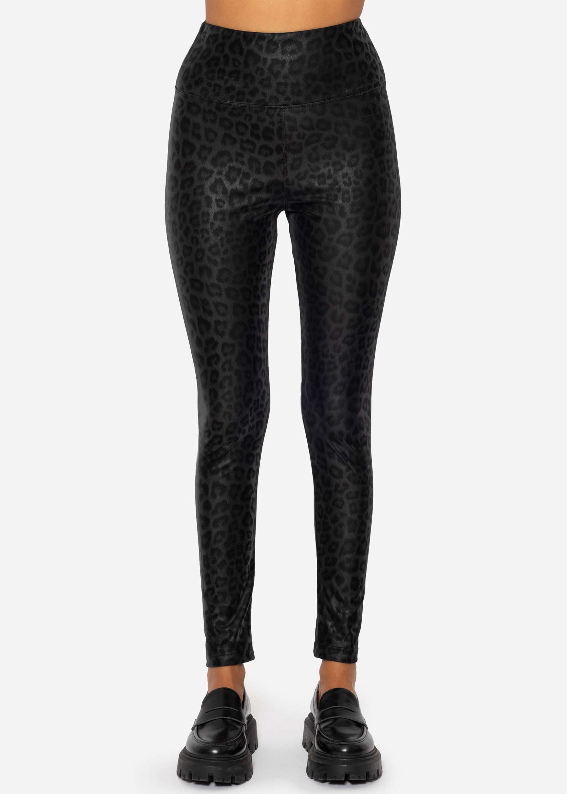 Thermo faux leather leggings with leo print - black