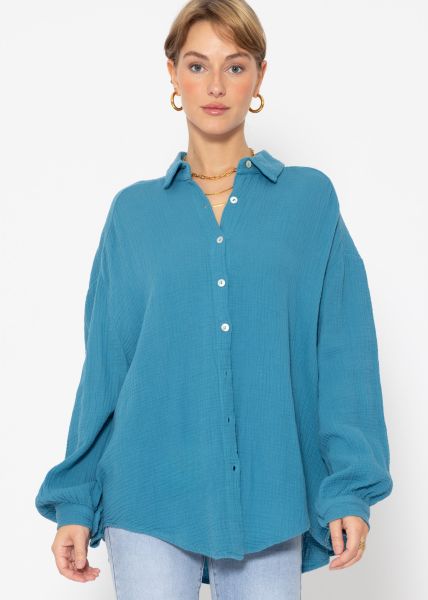 Muslin blouse oversize, short, petrol blue