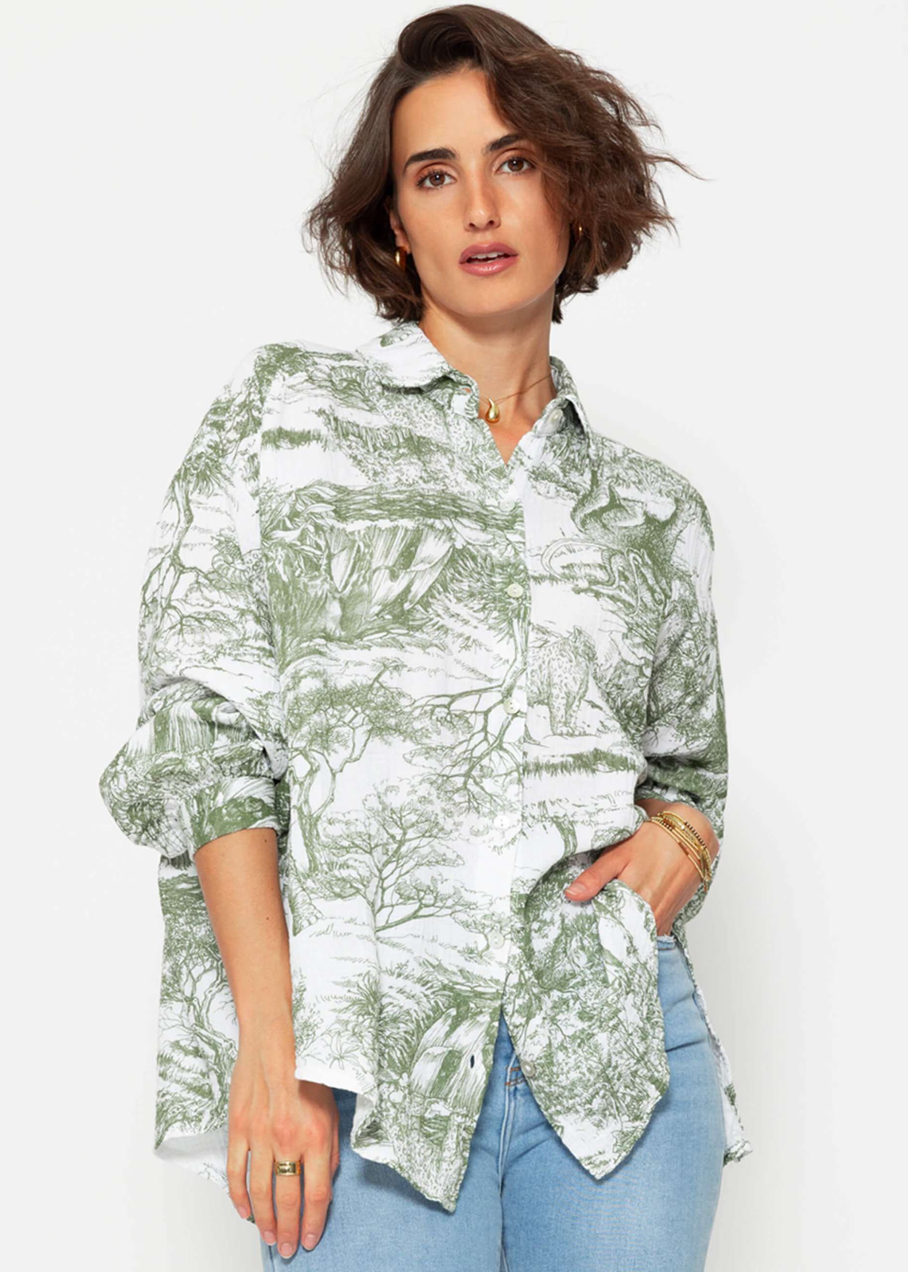 Muslin blouse with print, khaki