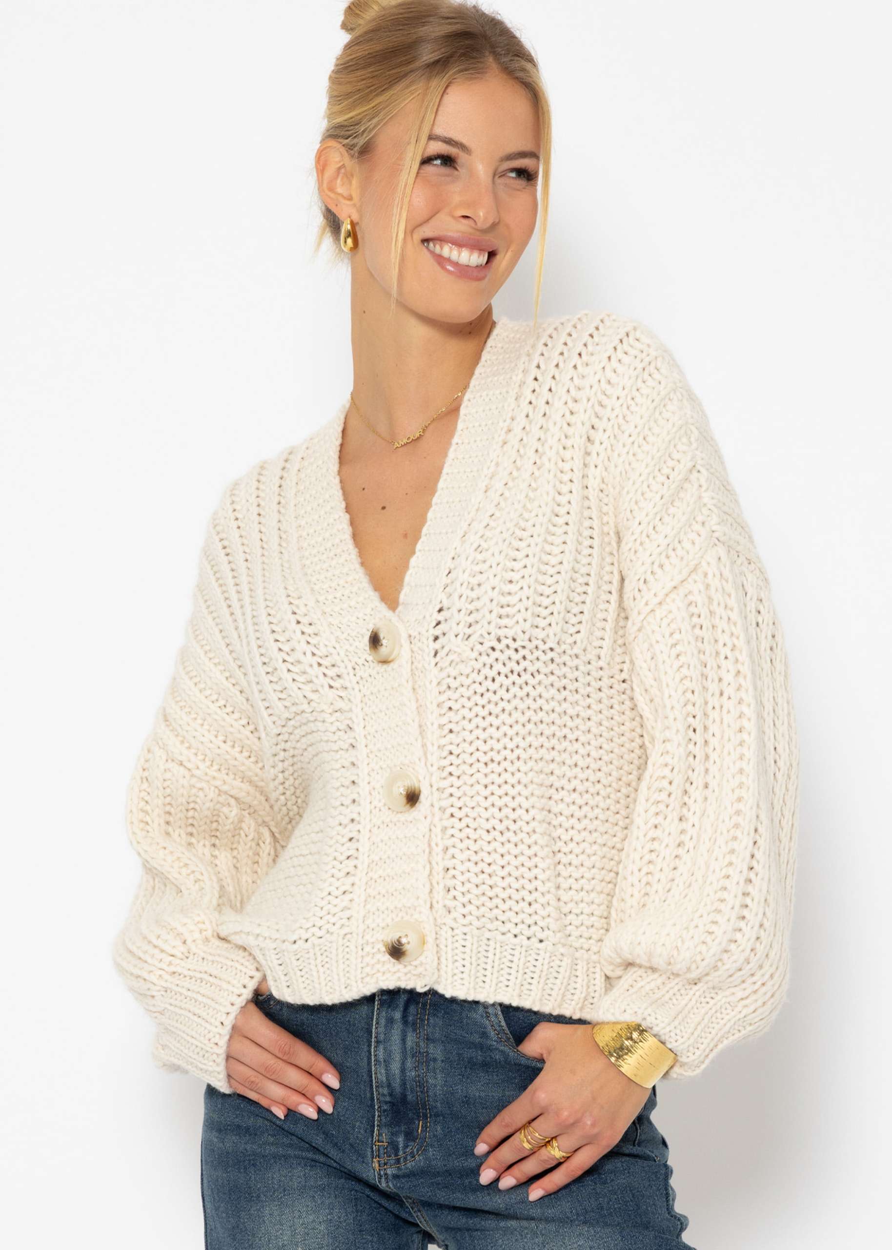 Jessica Haller Knitted cardigan with ribbed sleeves and button placket - beige