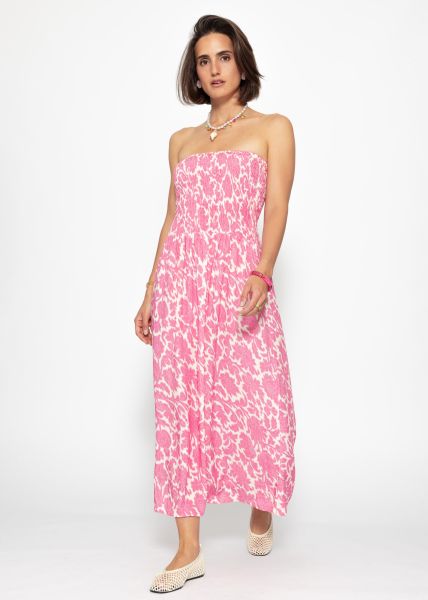 Smocked bandeau dress with print - pink