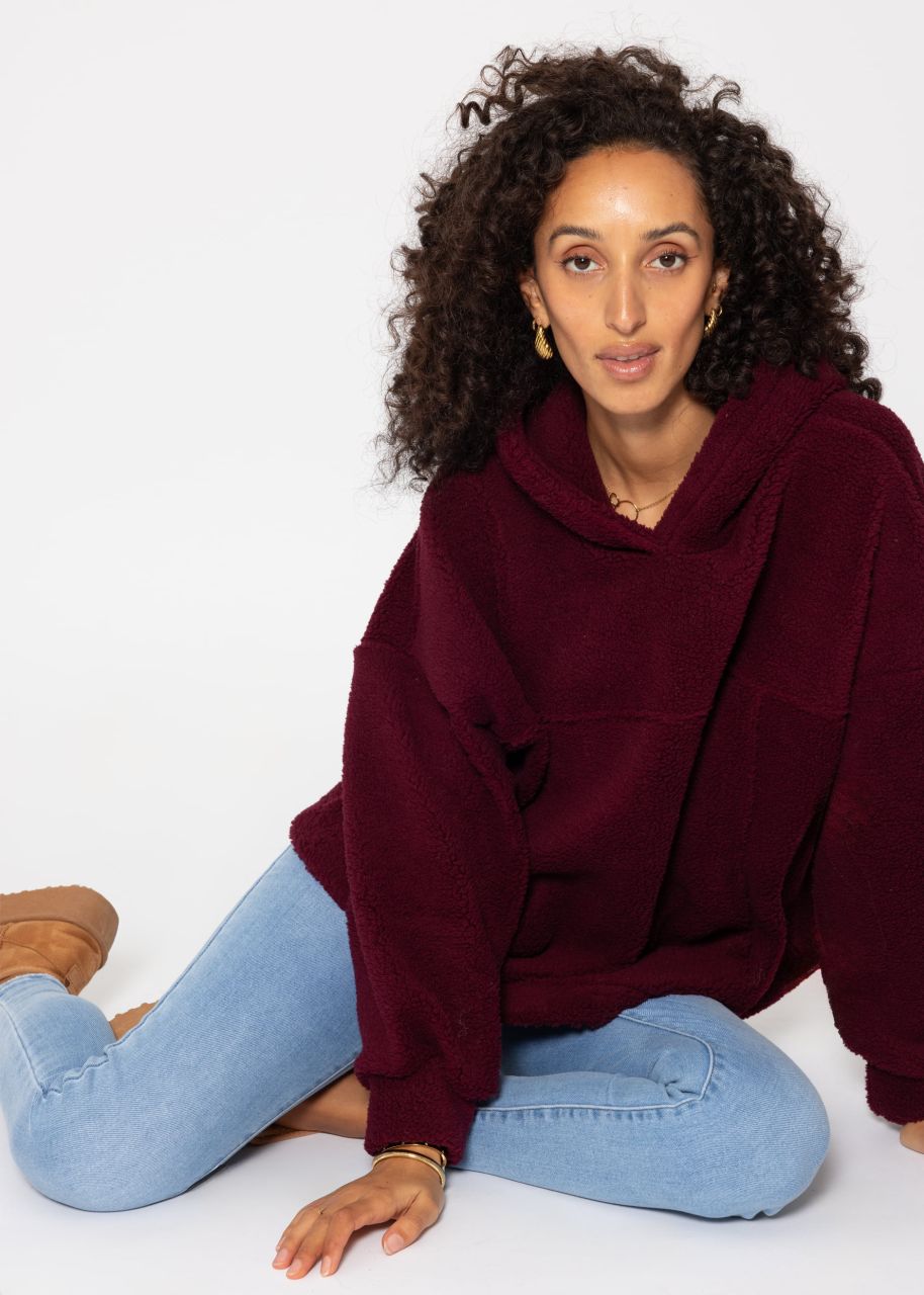 Oversized teddy sweatshirt with hood - burgundy