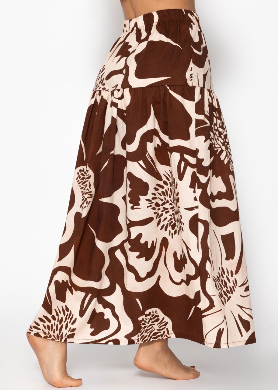 Flounce skirt with large floral print - brown