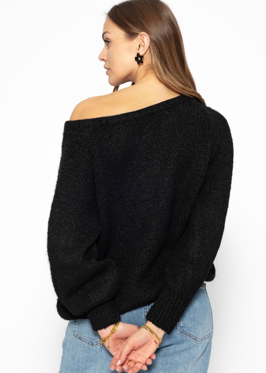 Fluffy sweater with boat neckline - black