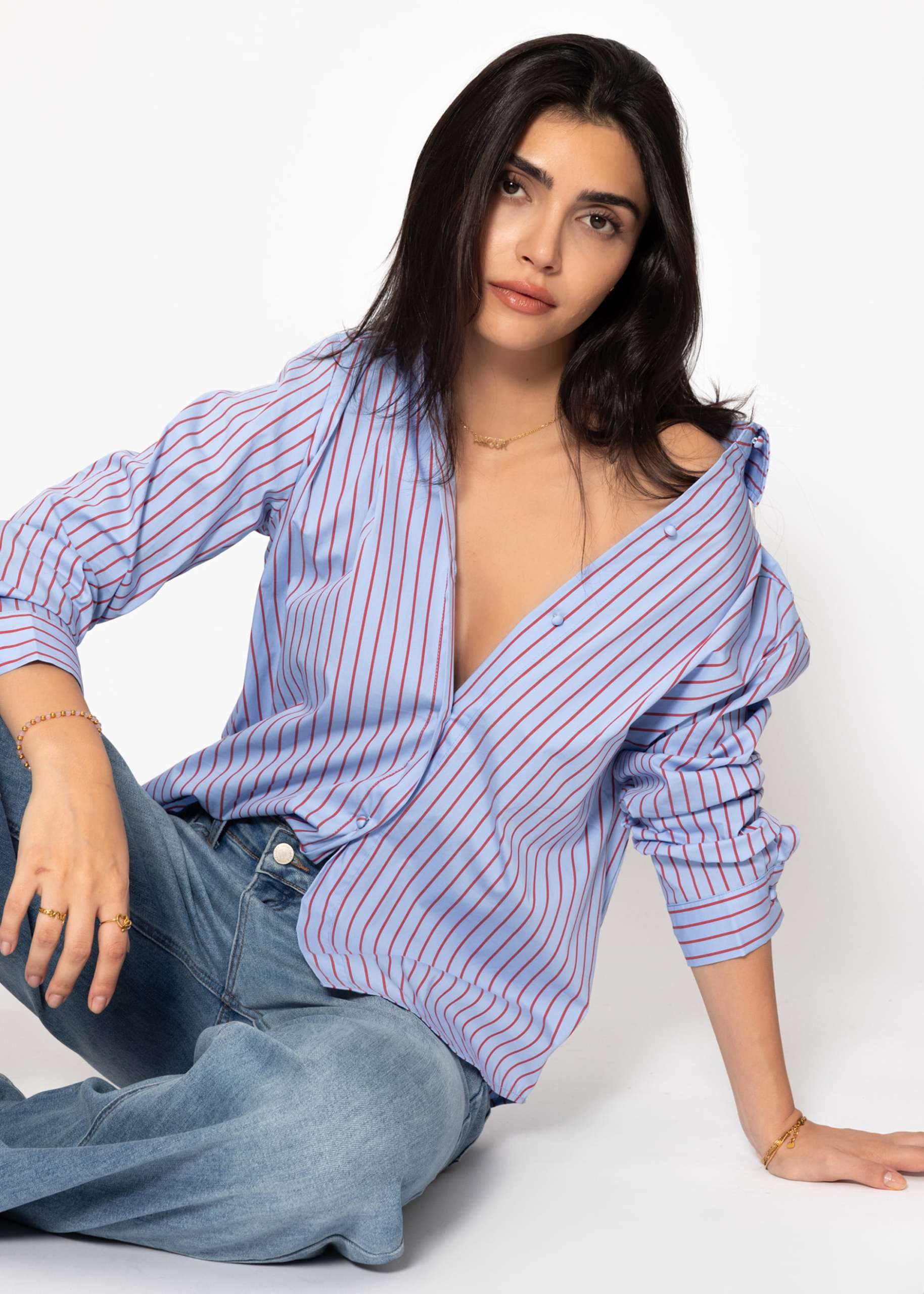 Striped flared blouse - blue