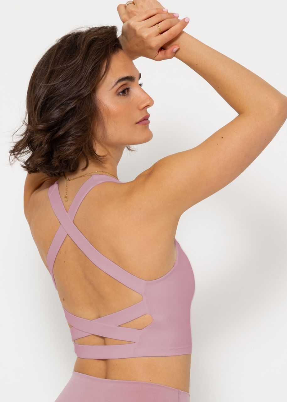 Sports bra with crossed, wide straps - dusky pink