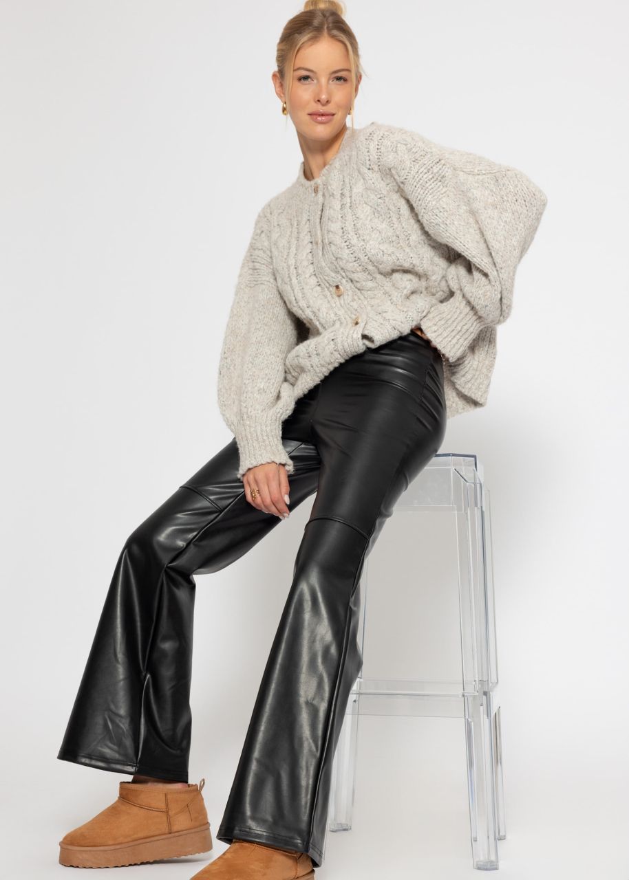 High-rise flared leggings made of faux leather with a wide waistband - black