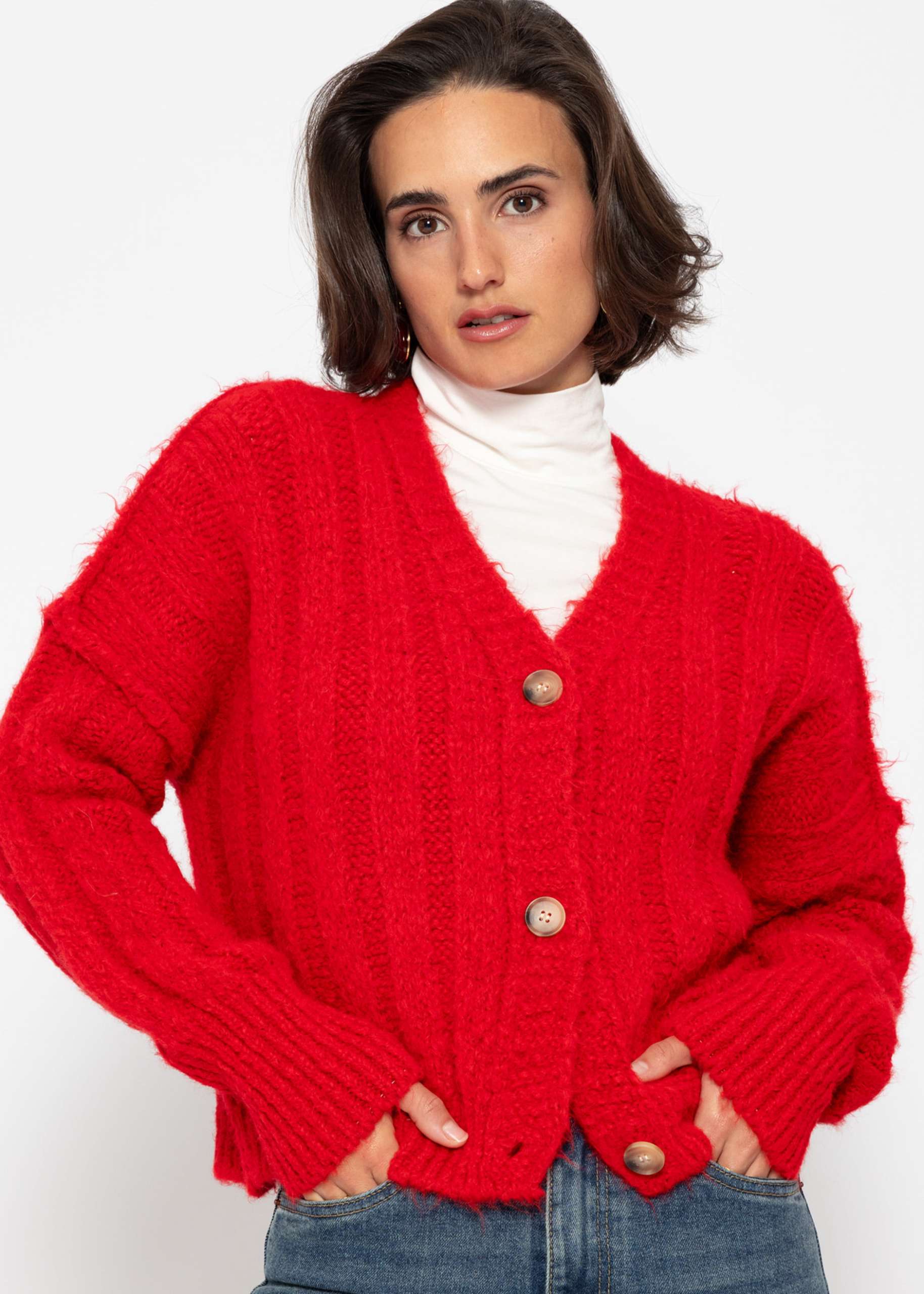 Ribbed cardigan with buttons - red