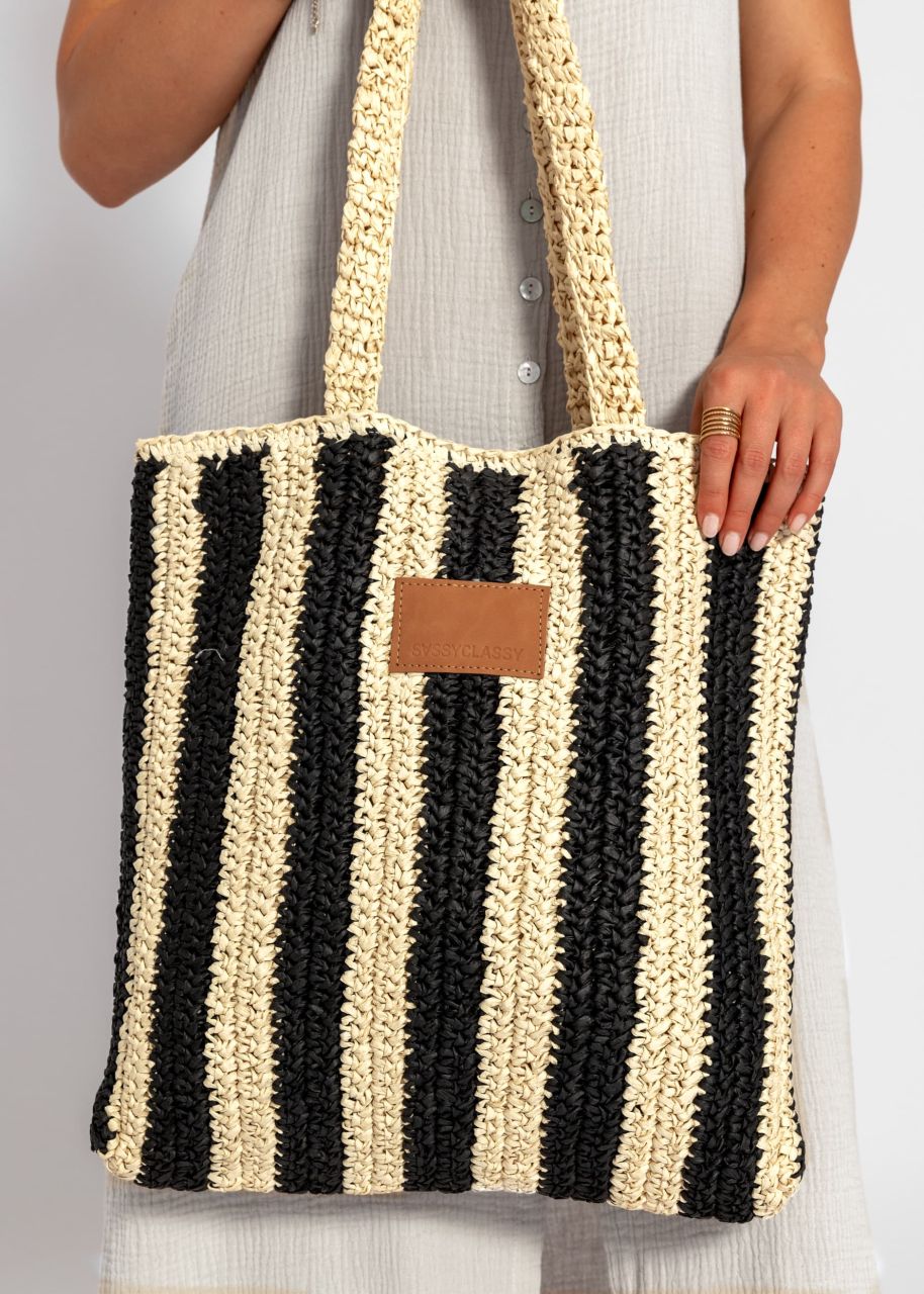 Striped raffia shopper - black