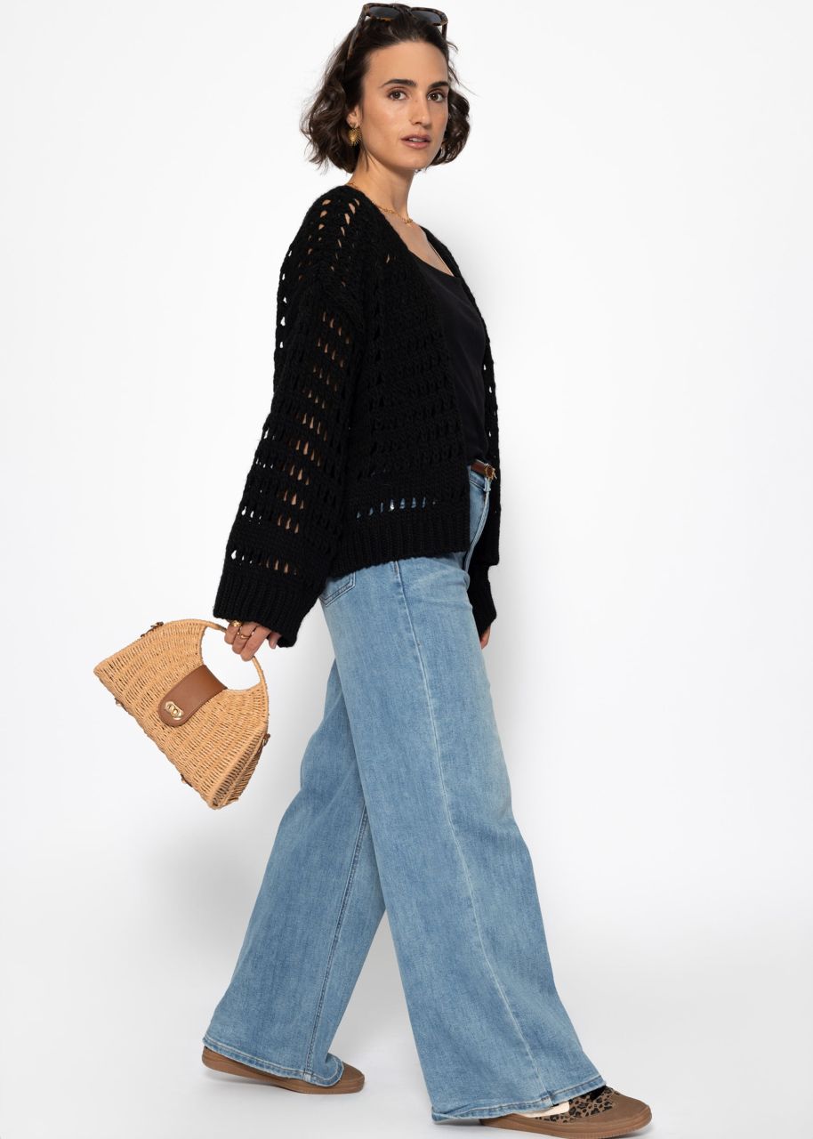 Casual cardigan with a lace knit pattern - black