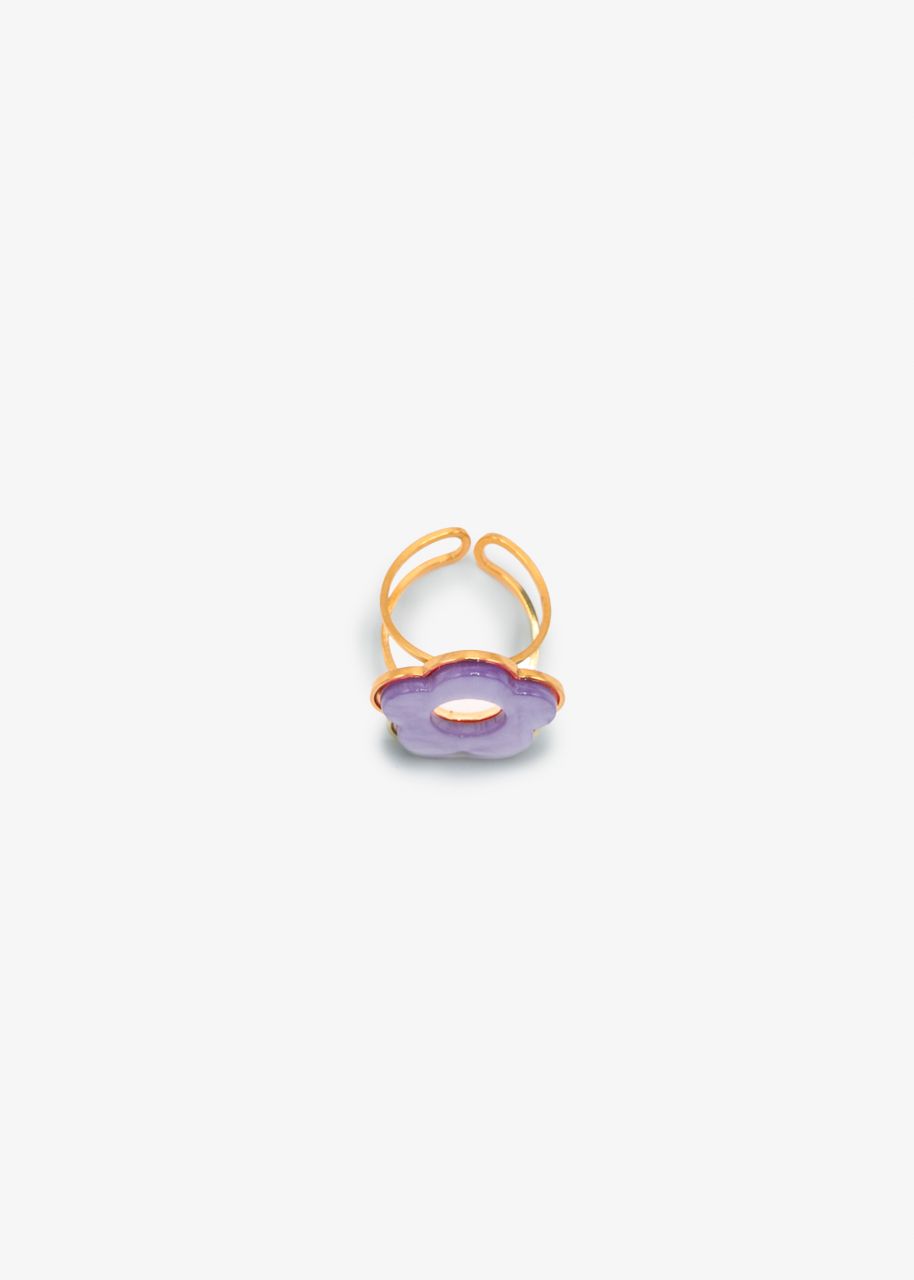 Ring with purple flower motif in gold