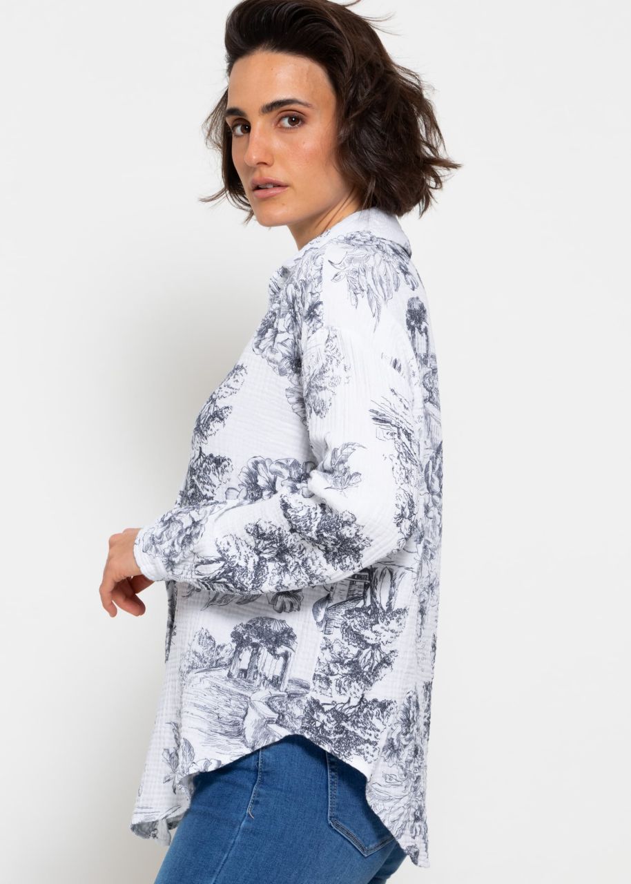Oversize muslin blouse with print - dark blue