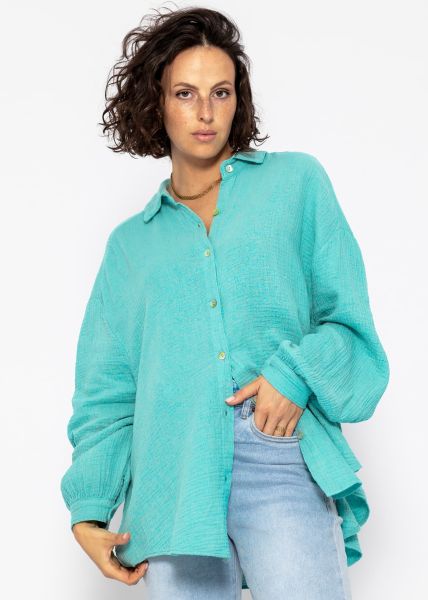 Muslin blouse oversize, short, turquoise