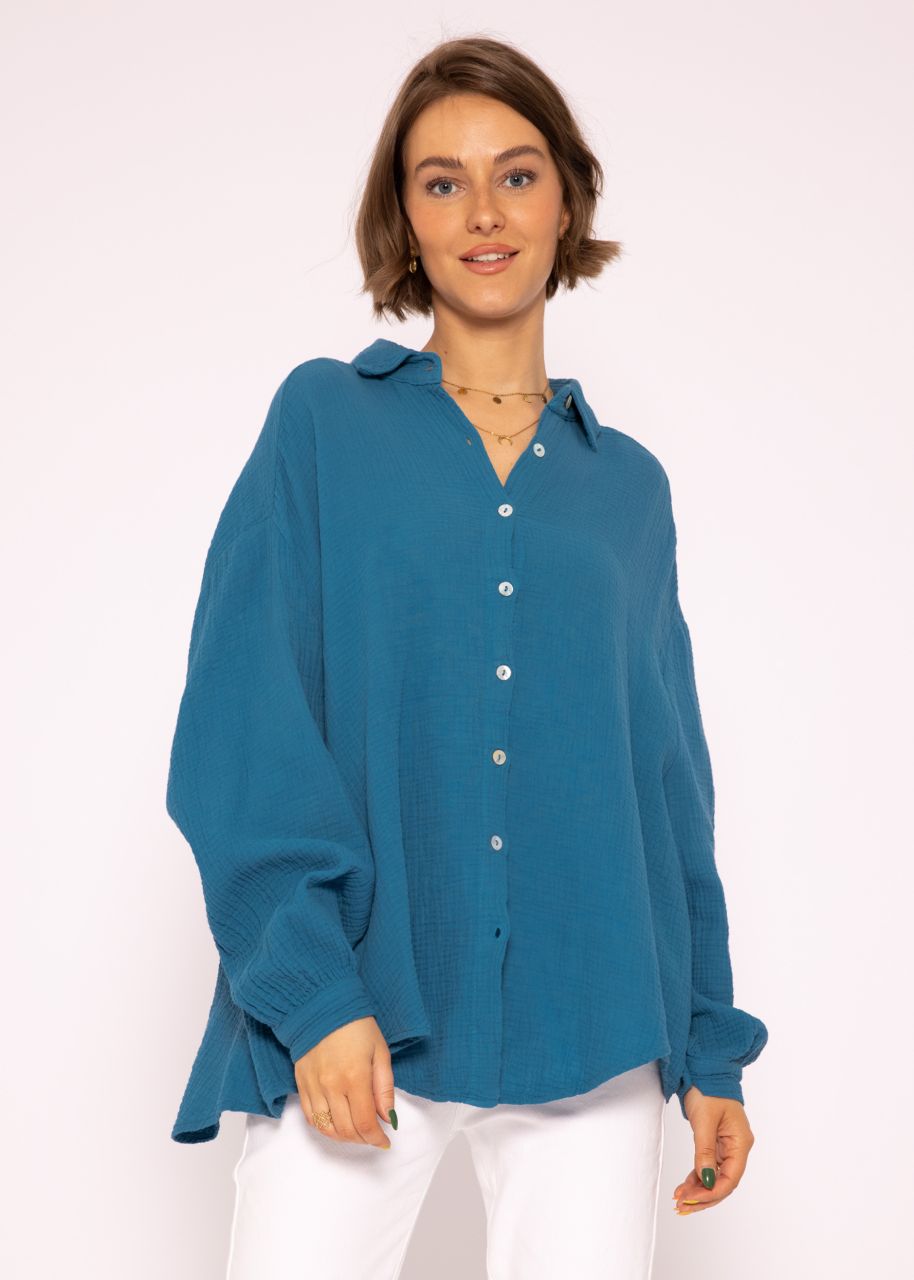 Ultra oversize muslin blouse shirt, shorter version, petrol blue
