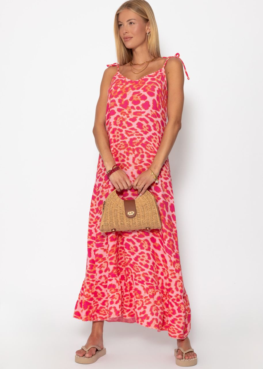 Muslin maxi dress with leo print - pink