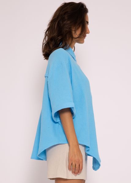 Muslin blouse oversize short sleeve, short, azure blue