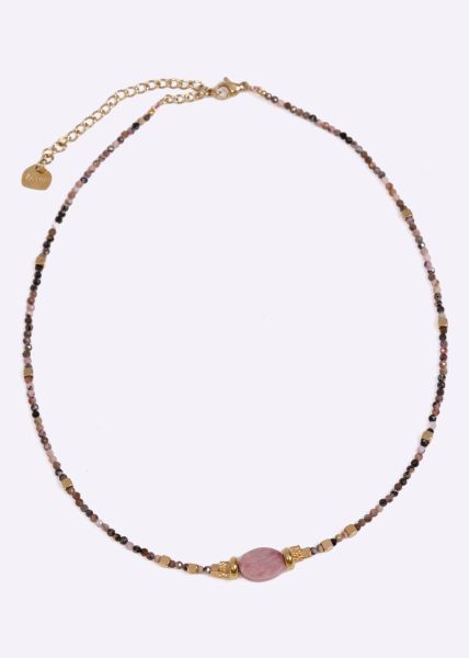 Narrow necklace with rhodonite beads, gold