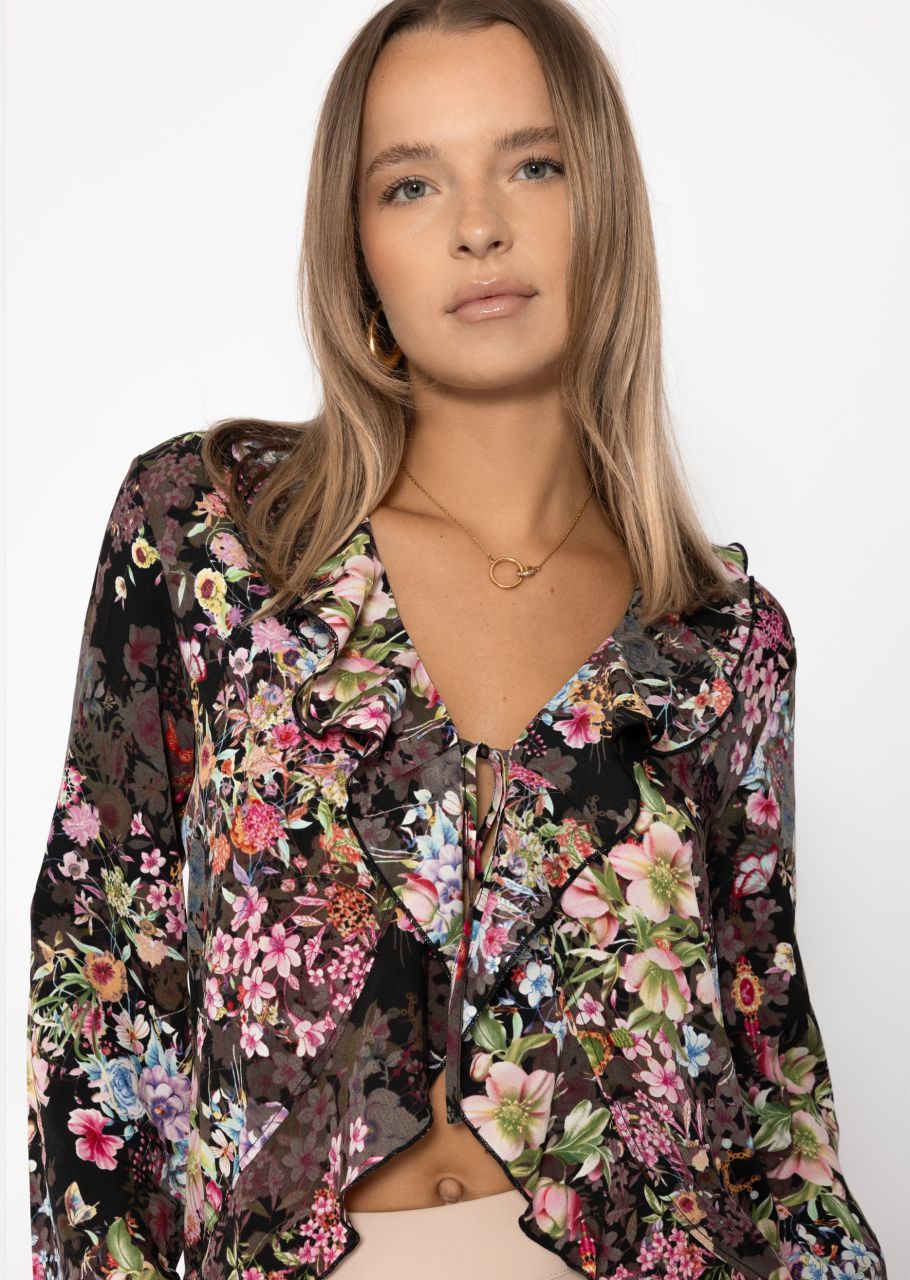 Blouse with tie ribbon and floral print - black