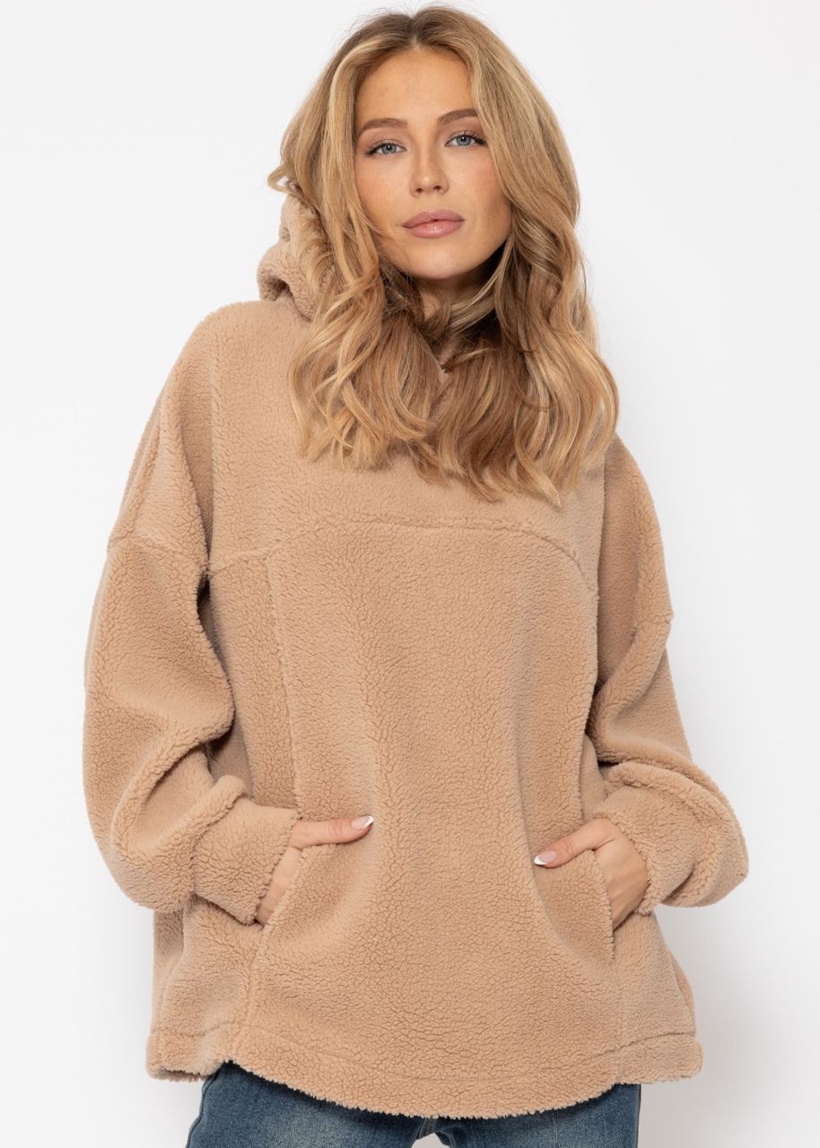 Oversized teddy sweatshirt with hood - beige