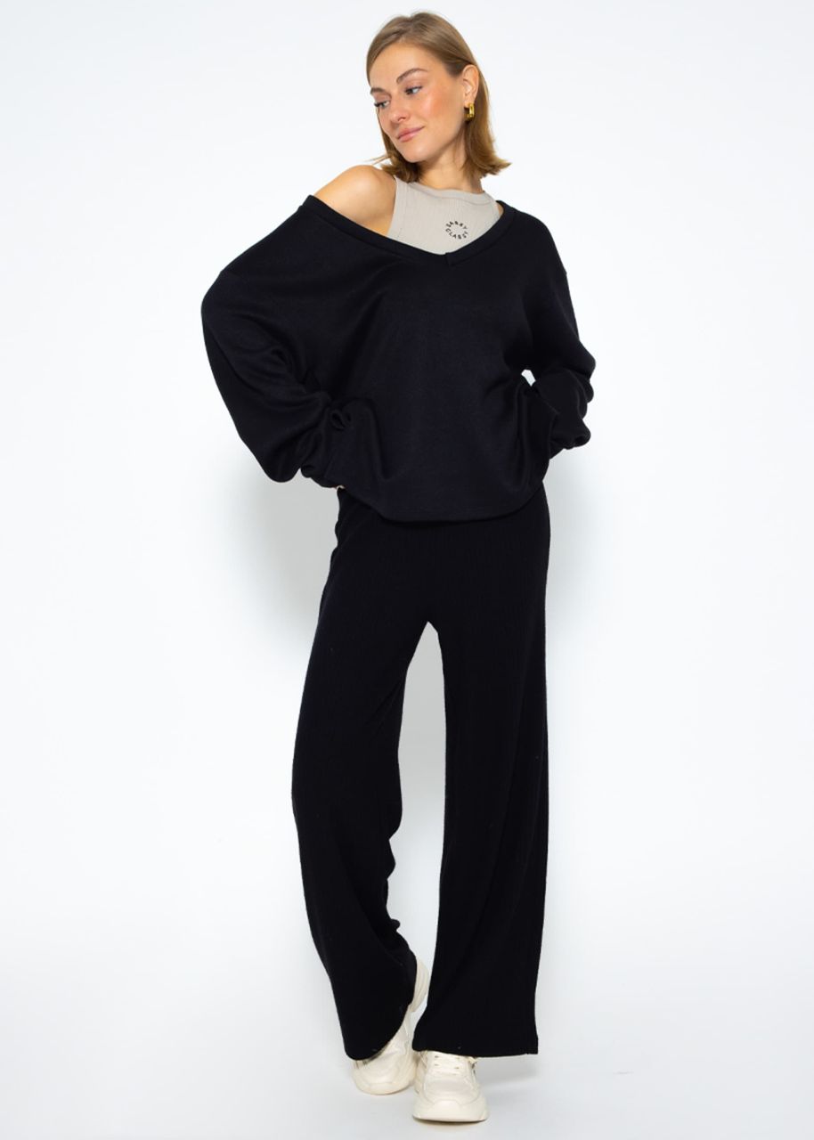 Wide leg ribbed trousers - black