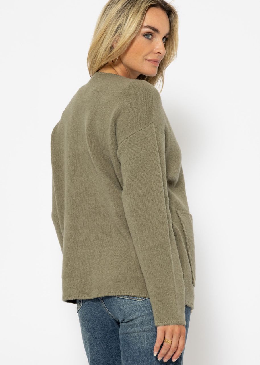 Open cardigan with patch pockets - khaki