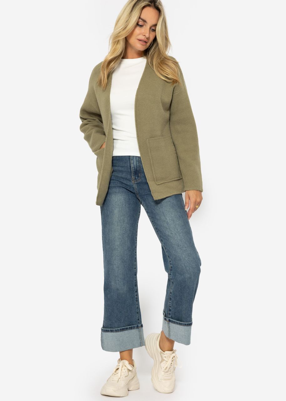 Open cardigan with patch pockets - khaki