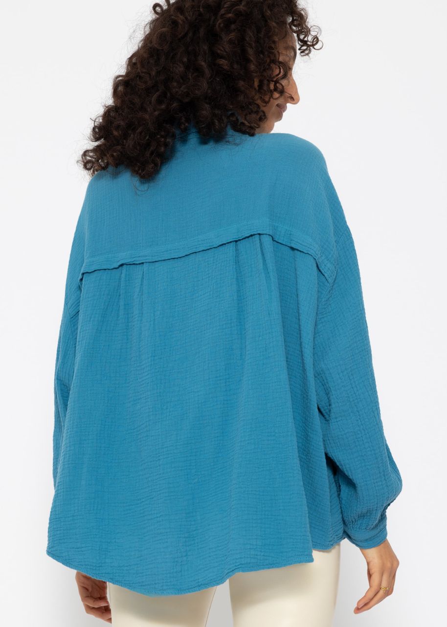 Muslin blouse oversize, short, petrol blue